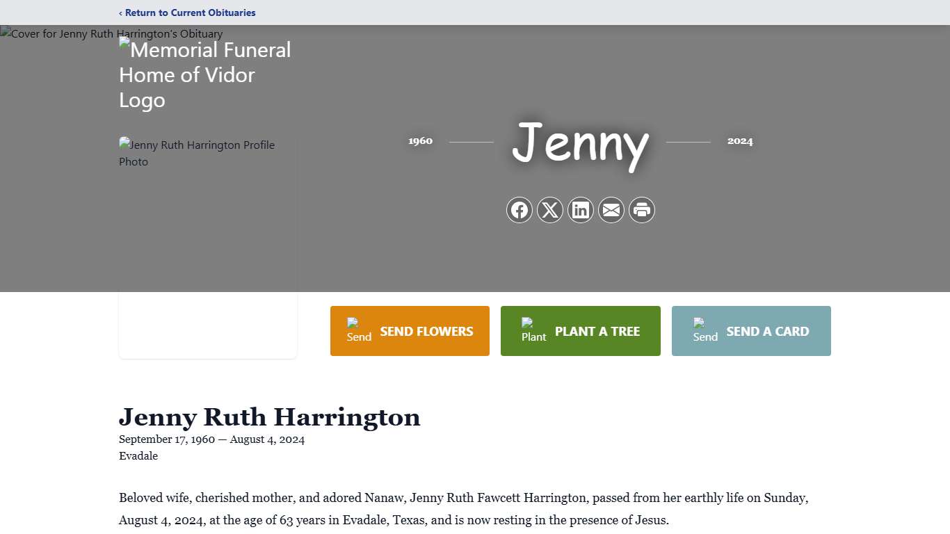 Jenny Ruth Harrington Obituary August 4, 2024 - Memorial Funeral Home of Vidor